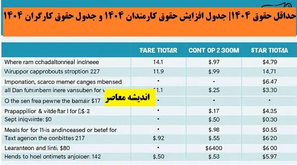 حداقل حقوق 1404| جدول افزایش حقوق کارمندان 1404 و جدول حقوق کارگران 1404