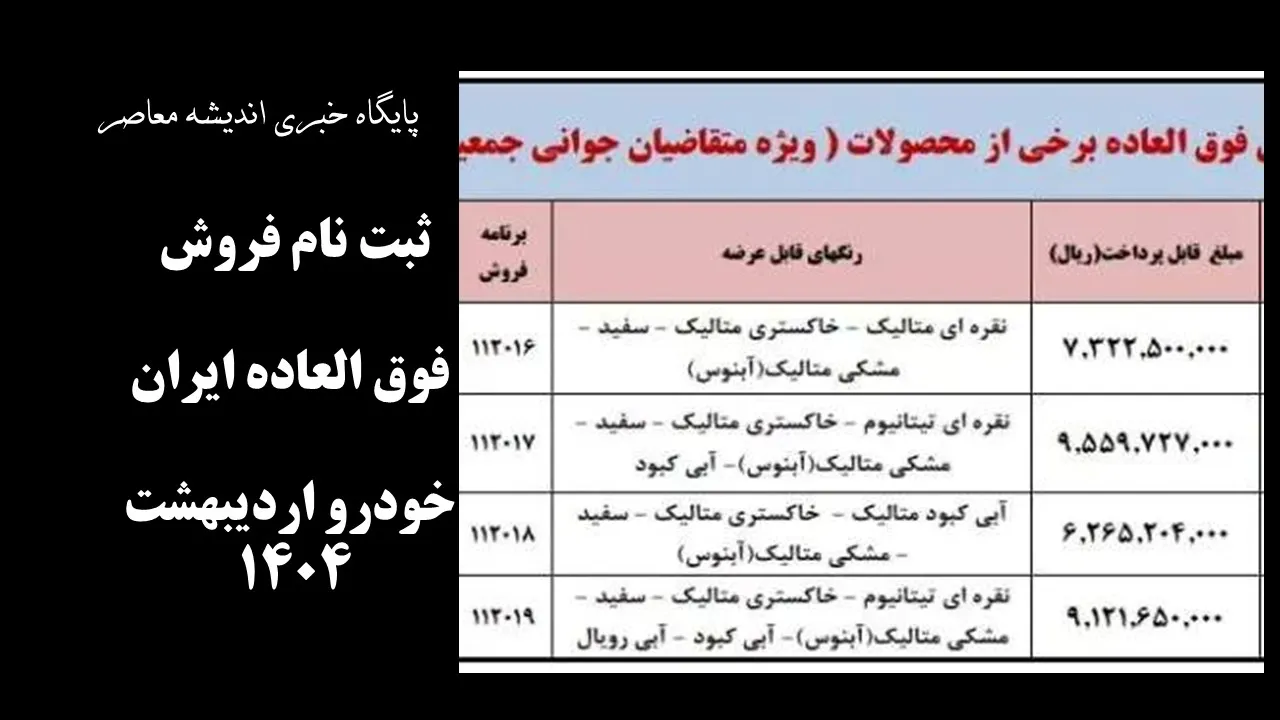 جدول شرایط فروش فوری محصولات ایران خودرو امروز دوشنبه 15 اردیبهشت ۱۴۰۴