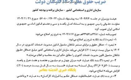 خبر فوری از ضریب حقوق سال ۱۴۰۴ کارکنان دولت/ ضریب حقوق سال ۱۴۰۴ کارکنان دولت تغییر کرد/ حقوق کارمندان دولت تغییر می کند؟