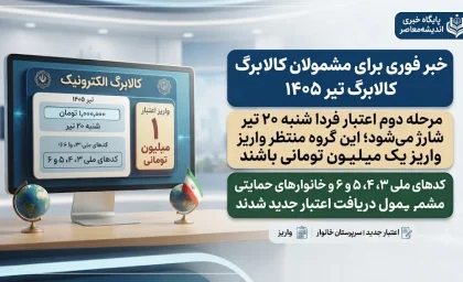 خبر فوری برای مشمولان کالابرگ تیر ۱۴۰۵ | مرحله دوم اعتبار فردا شنبه ۲۰ تیر شارژ میشود؛ این گروه از سرپرستان خانوار منتظر واریز یک میلیون تومانی باشند / کدهای ملی ۳، ۴، ۵ و ۶ و خانوارهای حمایتی مشمول دریافت اعتبار جدید شدند