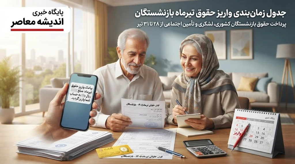 جزییات کامل جدول زمان‌ بندی واریز حقوق تیرماه بازنشستگان | زمان واریز حقوق تیرماه ۱۴۰۵ بازنشستگان کشوری، لشکری و تامین اجتماعی اعلام شد / متناسب‌ سازی حقوق ۳۰ درصدی از فروردین اعمال شد؛ برنامه پرداخت از ۲۸ تا ۳۱ تیر بر اساس صندوق‌ها