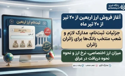 خبر فوری اربعین ۱۴۰۵ | آغاز فروش ارز اربعین از فردا ۲۰ تیر؛ سهمیه هر زائر ۲۰۰ هزار دینار عراق / مهلت ۲۰ تیر تا ۱۲ مرداد؛ ثبت نام در سامانه سماح الزامی شد؛ بانک های عامل اعلام شدند + جزئیات کامل