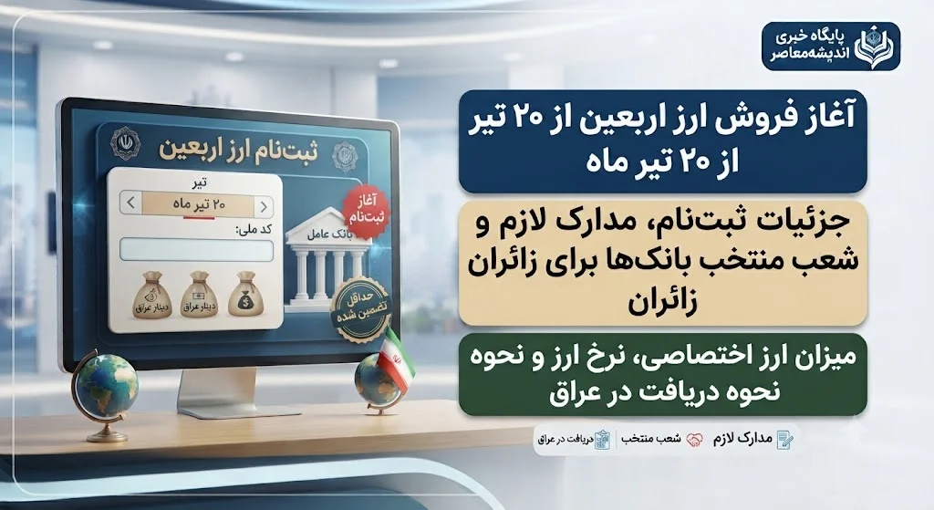 خبر فوری اربعین ۱۴۰۵ | آغاز فروش ارز اربعین از فردا ۲۰ تیر؛ سهمیه هر زائر ۲۰۰ هزار دینار عراق / مهلت ۲۰ تیر تا ۱۲ مرداد؛ ثبت نام در سامانه سماح الزامی شد؛ بانک های عامل اعلام شدند + جزئیات کامل