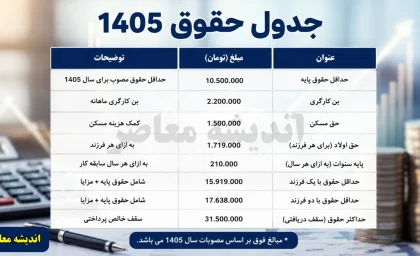 جدول حقوق 1405 | جدول کامل حقوق اداره کار 1405 | جزئیات حداقل حقوق و مزایای کارگران