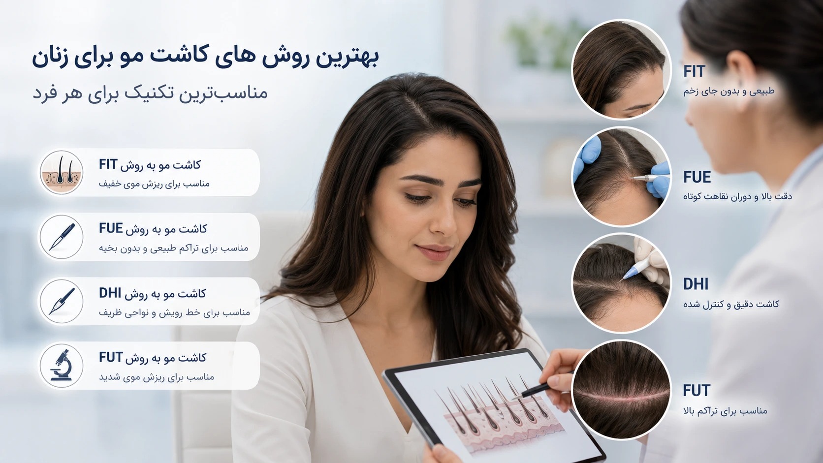 بهترین روش های کاشت مو برای زنان؛ مناسب‌ترین تکنیک برای هر فرد