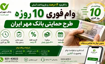 وام فوری ۱۰ روزه طرح حمایتی بانک مهر ایران | دریافت تا ۳۰۰ میلیون تومان با کارمزد کم + شرایط ثبت نام وام
