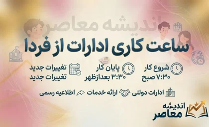 ساعت کاری ادارات از فردا شنبه ۵ مهر ۱۴۰۵؛ ادارات از ساعت ۸ صبح تا ۱۳ فعالیت می کنند